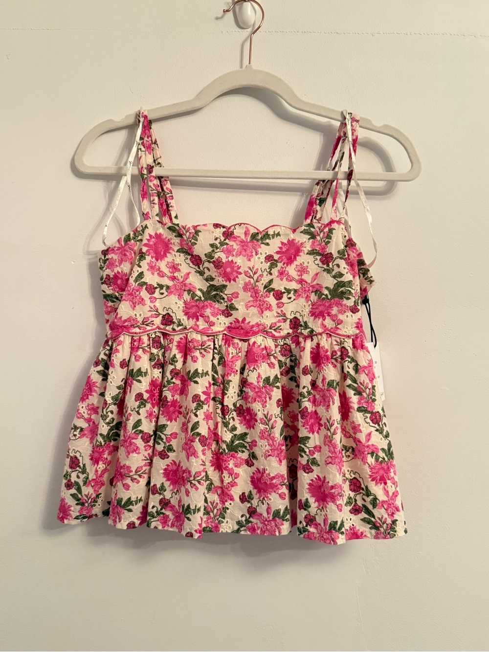 Japna | Embroidered Pink and Cream Floral Spaghetti-Strap Peplum Tank